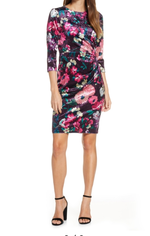 Eliza J Floral Ruched Velvet Dress In Plum Size 12